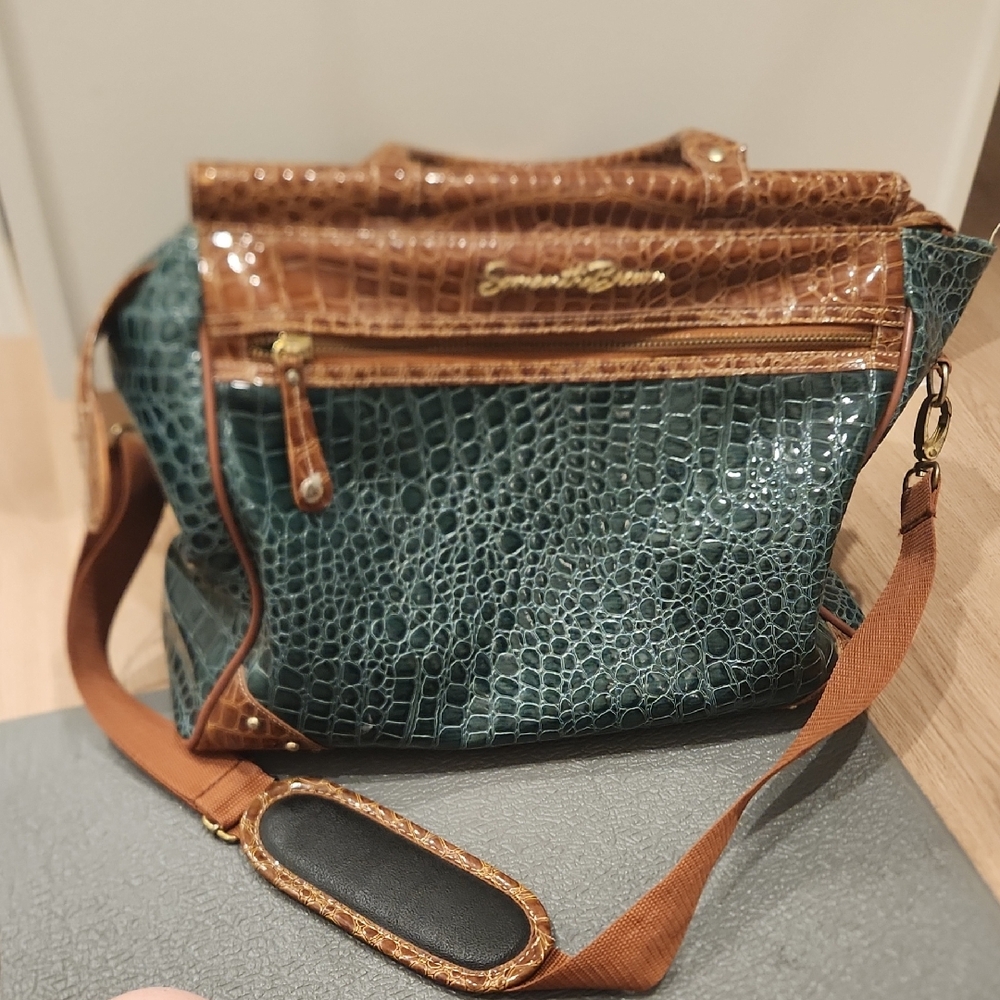Teal Croc-Embossed Shoulder Bag with Brown Trim